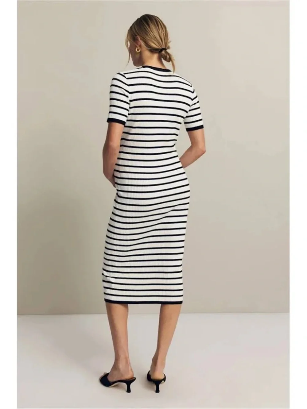 Seraphine Eden Rib Knit Dress Black White Striped Button Midi Size US 4